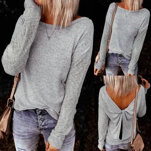 Womens Fashion Round Neck Twisted Hollow Long Sleeve Top Gray