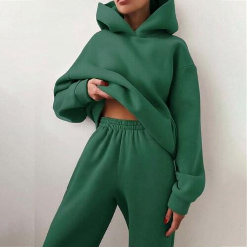 Autumn Women Tracksuit 2021 Winter Fleece Hooded Sweatshirts Suit Casual Solid Oversized Hoodies Pant Two Piece Sets Sportswear