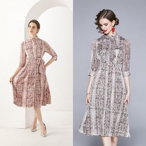Spring and summer womens high-end mid-sleeve satin silk snake print stand-up neck tie slim long dress