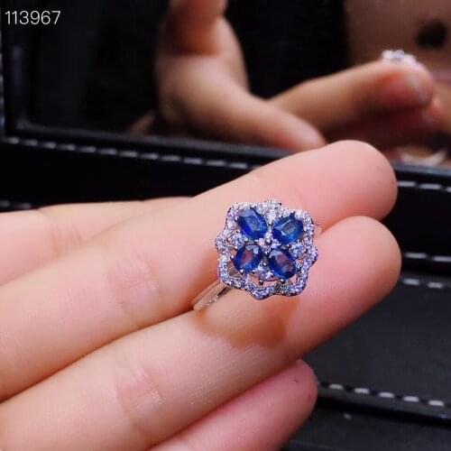 Luxurious Lovely Clover Flower Natural blue sapphire gem ring S925 silver natural gemstone ring girl women party gift jewelry