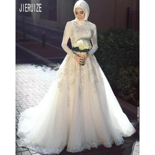 JIERUIZE White Luxury Muslim Wedding Dresses Long Sleeves High Neck Lace Appliques Arabia A Line Bridal Gowns vestidos de noiva