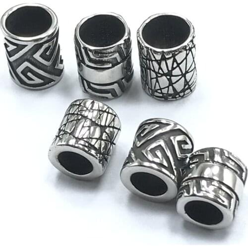 Stainless Steel Large 6/8mm Hole Engrave Lanyard Cylinder Beads Spacer Leather Cord Bracelet Jewelry Making DIY Accessories