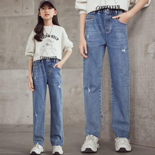 Kids Pants 2021 Spring Fashion Straight Teenage Girl Jeans for Girls Elastic High Waist Jeans 10 12 13 14Years Children Trousers