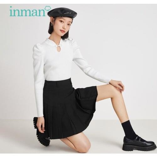 INMAN Autumn Vintage Retro Chinese Frog Design Sweater Women Lamp Sleeve Stand Collar Skinny Pullover Basic Tops