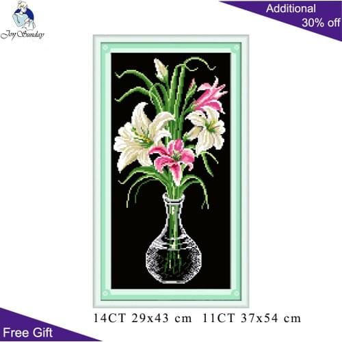 Joy Sunday Lily Vase Needlework H034 14CT 11CT Counted Home Decoration Lily Vase Black Canvas Cross Stitch Kits Embroidery Sets