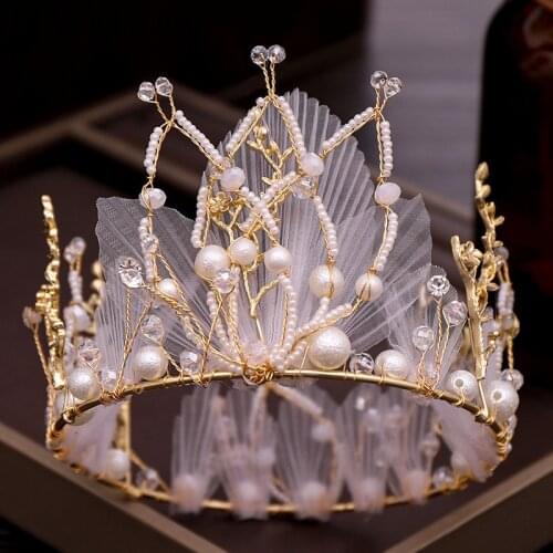 JaneVini Boho Princess Bride Crown Tiaras and Earrings Set Gold Pearls Beading Women Wedding Headpieces Bridal Hair Accessories