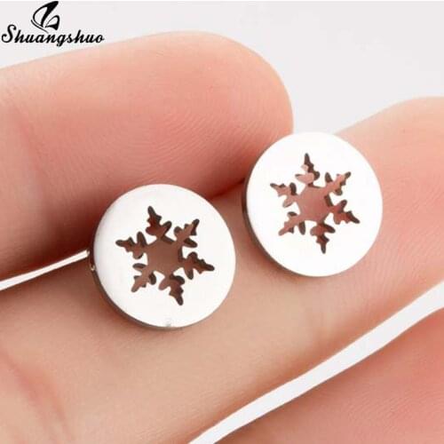 Round Snowflake Stainless Steel Stud Earrings Mini Geometric Earings Creative Ear Piercing Christmas Gitf Jewelry for Women Kids