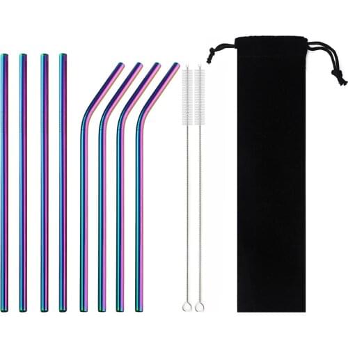 Metal Drinking Straw 304 Stainless Steel Colorful Straws Reusable Bent Straight Straw Set With Cleaner Brush Bar Party Accessory