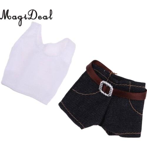 Fashionable Casual Two-piece Outfits White Vest And Denim Shorts For 30cm Dolls