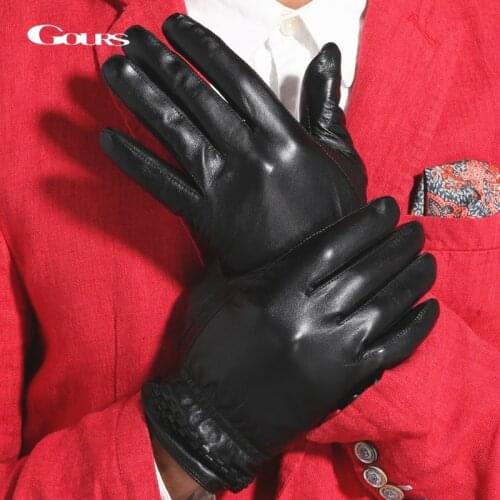 Gours Winter Real Leather Gloves for Men Fashion Brand Black Genuine Goatskin Finger Gloves Warm Driving New Arrival GSM018