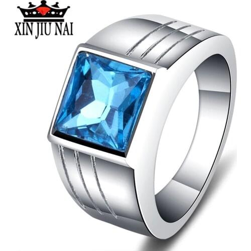 Mens Fashion Ring Square Navy Blue Zircon Broadband Mens Ring Wedding Anniversary Jewelry Party, Exquisite Gift Ring Jewelry