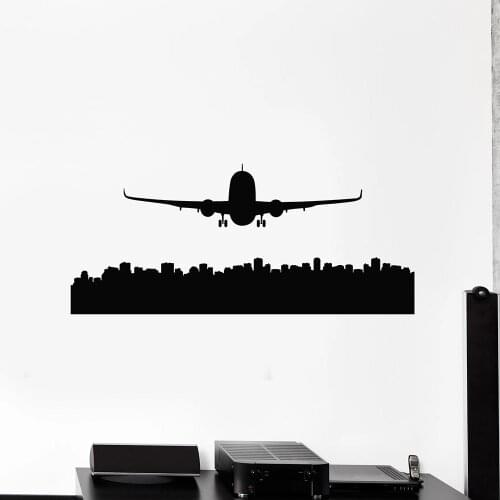 Plane Wall Stickers For Office Skyscraper Skyline City Country Silhouette Airplane Vinyl Wall Decal For Living Room Art W830