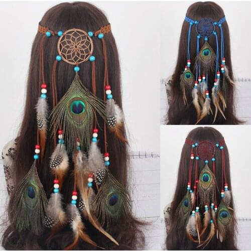 2021 New Bohemian Hippie Headband Dream Catcher Feather Headdress Fashion Peacock Feather Headbands Hair Accessories Dropship