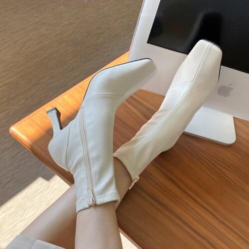 Size 33-42 Suede Ankle Boots for Women High Heels Square Head Comfortable Elastic Leather Shoes Women Autumn and Winter Boots