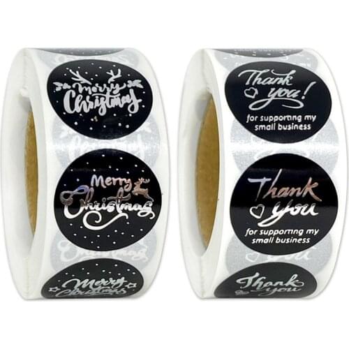Novel Multi-pattern Merry Christmas Thank You Stickers 500pcs Silver Black Label Holiday Envelope Handmade Decor Sealing Sticker