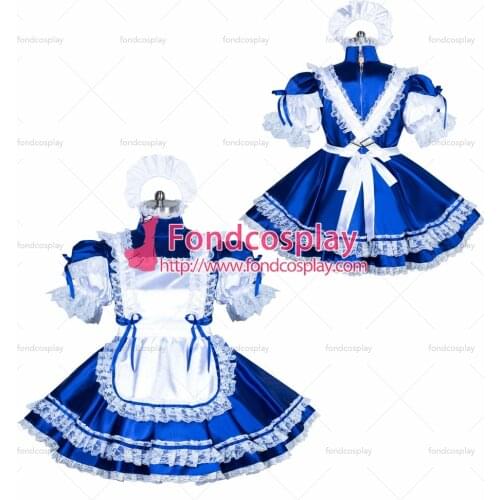 Fondcosplay adult sexy cross dressing sissy maid short French lockable blue satin dress white arpon Tailor-made[G3891]