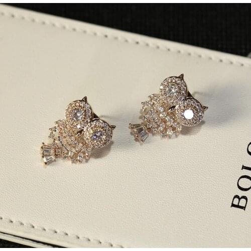 Rose Gold Owl with Bling Zircon Stone Cute Korean Earrings for Women Stud Earrings Fashion Jewelry Party Gift 2019 New