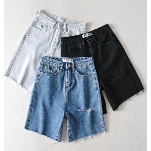 High Waist Slim Cyclist Bermuda Shorts Jeans 2021 Summer Casual Hole Tassels Fashion Women Straight Denim Shorts