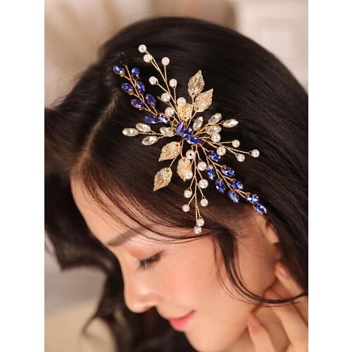 Wedding accessories Gold Leaf Blue Rhinestone Crystal Pearl hat female Hair comb Noble Women Bride Headdress bridal headwear