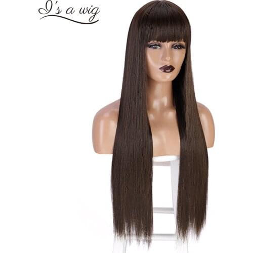 Is a wig Synthetic Long Wigs with Bangs Straight Black Wig with Bangs for Women Mix Brown Red Heat Resistant Daily Hairs