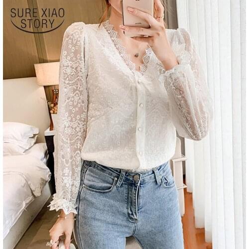 Fashion V-Neck Lace Shirts New Crochet Flower Elegant White Blouse Women 2021 Autumn Vintage Long Sleeve Button Top Blusas 11907
