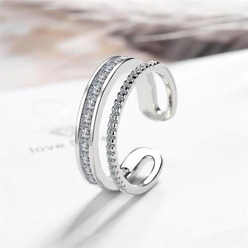 Sole Memory Double Layer Rhinestones Shiny Cool 925 Sterling Silver Female Resizable Opening Rings SRI567