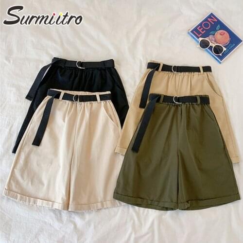 SURMIITRO Cotton 2021 Casual Summer Korean Style Capris Women All-Match Short Pants High Elastic Waist Shorts Female With Belt