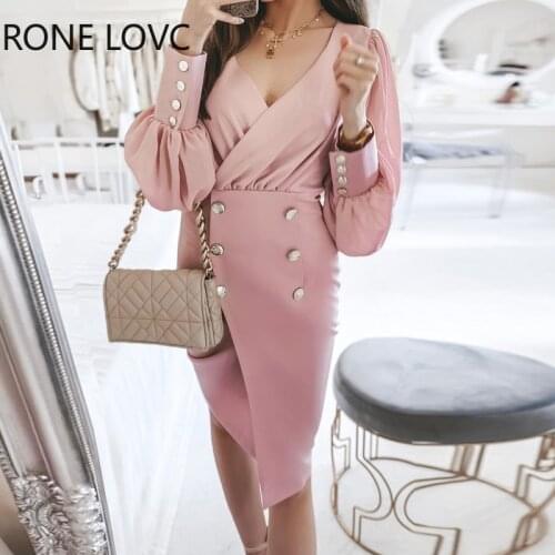 Women Solid Elegant V neck Wrap button Chiffon Puff Sleeves Working Dresses