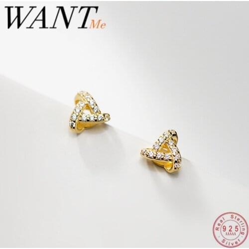 WANTME Real 925 Sterling Silver Hollow Geometric Pave Zircon 3D Triangle Stud Earrings for Fashion Women Wedding Jewelry Gift