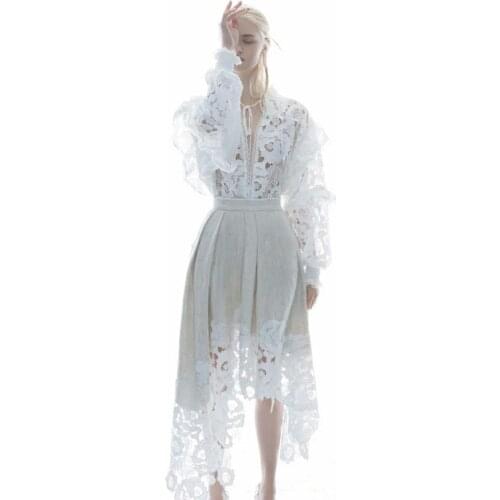 DUISNENA skirt and top two pieces suit v-neck long puff sleeve loose women white lace patchwork women suit mujer vestidos