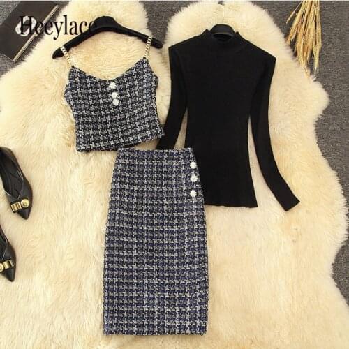 Fall Winter New Diamond Button Tweed 2 Piece Set Female High Quality Chain Vest Crop Top Long Skirts Black Sweater Suits