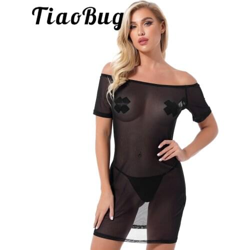 Womens Beach Bikini Swimsuit Sexy Cover Ups See-through Mesh Dress Erotic Dresses Solid Color Off Shoulder Short Sleeve Dresses