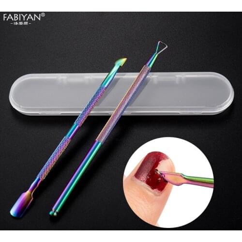 2Pcs Rainbow Nail Art Cuticle Pusher Tool With Box UV Gel Dead Skin Remover Manicure Cleaner Fingernails Toenails