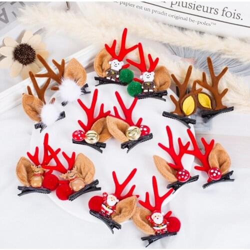 2Pcs Cute Christmas Antler Hair Clips Festival Deer Ear Hairpins Moose Mushroom Pine Cones Hair Ball Headwear Hair Accessories
