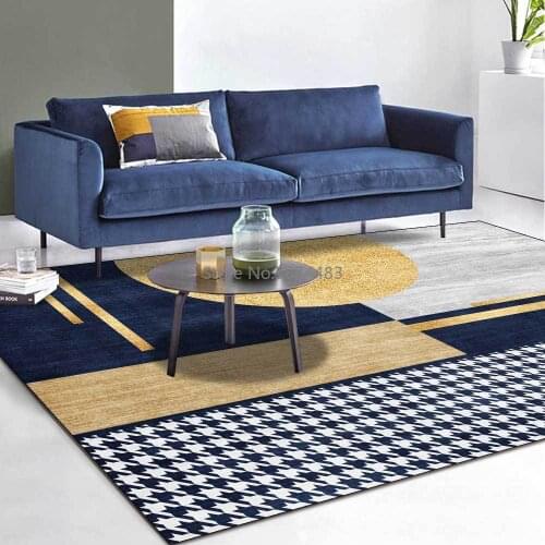 200*300cm Modern Golden Dark Blue Houndstooth Marble Geometric Mosaic Living Room Bedroom Bedside Carpet Floor Mats