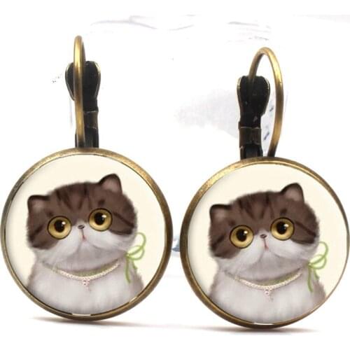 2019 new fashion cute cat earrings female glass convex round bezel wild horse Perola art photo dome round earrings women jewelry