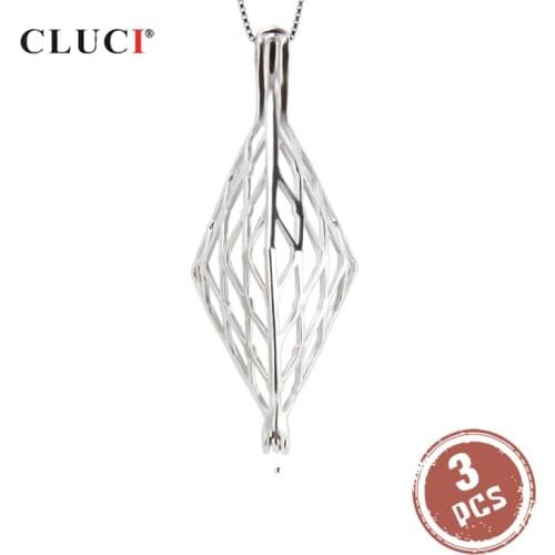 CLUCI 3pcs 925 Sterling Silver Rhombus Cage Pendant Women Necklace Jewelry Accessory Silver 925 Big Pearl Locket SC180SB