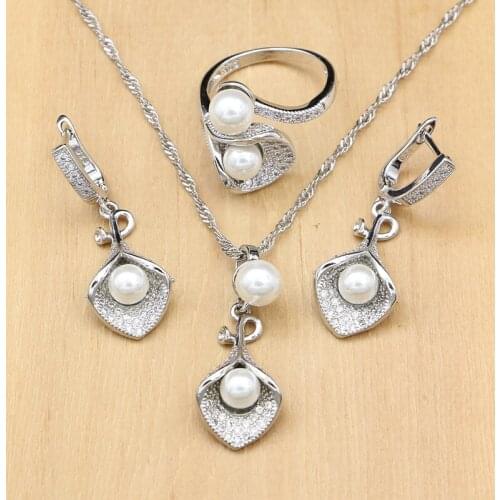 925 Silver Bridal Jewelry Sets White Pearl Zircon Women Wedding Pendant Drop Earrings Open Rings Morning Glory Necklace Set