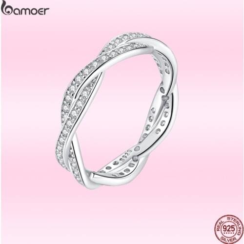 Bamoer Trendy Classic Silver Minimalist Simple Wavy Zircon Ring Size 6 7 8 9 Women Fine Jewelry Female Anniversary Gift GO7222
