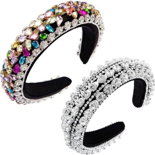 Baroque Sponge Padded Wide Headband Waterdrop Crystal Rhinestone Hair Hoop Jewelry Metal Chain Velvet Prom Headdress