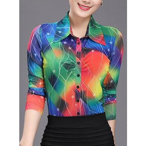 2018 New Spring Fall Fashion Womens Printed Colored Full Sleeve 3XL 4XL Pleated Mesh Blouse , Female Stretch Slim Blouses Shirts