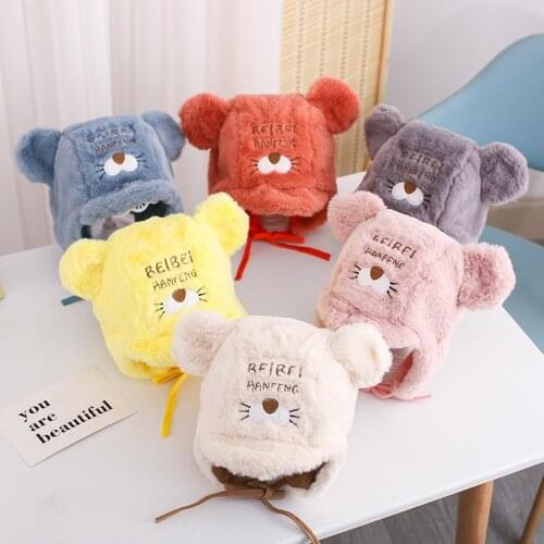 Cartoon Ear Protection Baby Hat Solid Color Faux Fur Infant Cap With Ear Winter Warm Embroidery Toddler Bonnet For Baby Girl Boy