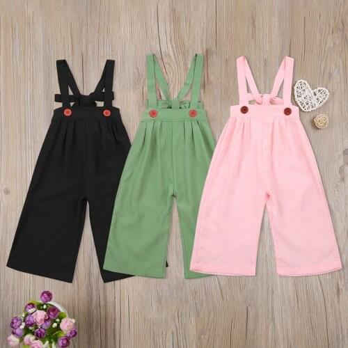 Kids Casual Suspender Trousers, Solid Color Wide-leg Long Pants for Boys and Girls, Black/ Pink/ Green