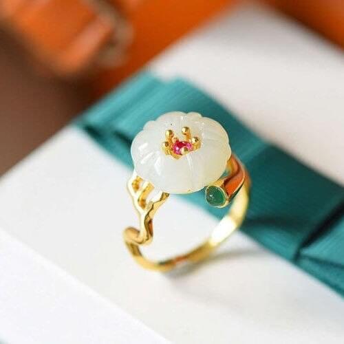 Natural Hetian Jade Flower Ring Female S925 Sterling Silver Inlaid White Jade Begonia Ring Retro Ethnic Style Gift