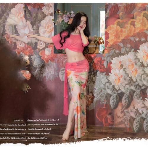2021 summer new style printed belly dance performance costume water gauze sexy bat sleeve group costume performance costume