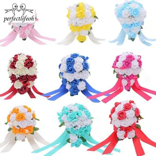 Hot Sale Crystal Bridesmaid Bridal Bouquets Rose Artificial Foam Flower Handmade Water Drop Shaped Wedding Bouquet