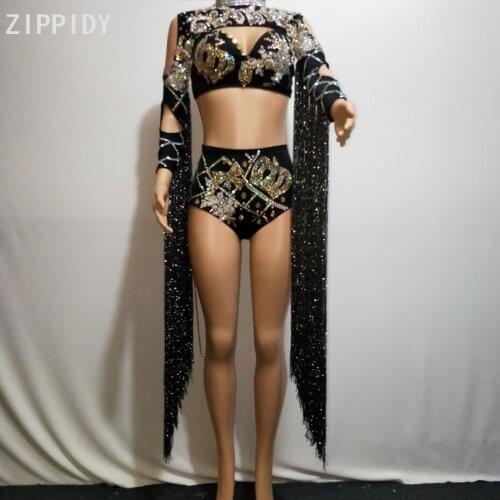 Flashing Rhinestones Long Tassel Sleeves Top Short Womens Dance Birthday Celebrate Outfit Singer Bar Show Outfit Set
