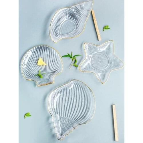 TECHOME Creative Transparent Ocean Series Glass Plate Set Cool Bowl Gold Side Glass Dishes Fruit Dish Snack Plate Home Dish Bowl