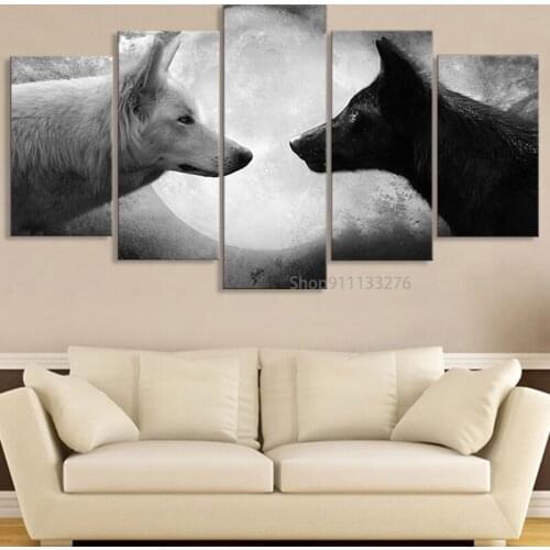 Wolf poster HD print 5 Piece Canvas art Black Wolf White Wolf moon Painting canvas Wall Art Pictures For Living Room frame