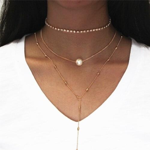Selling Multi Layer Imitation Pearl Chain Necklaces Jewelry for Women Popular Three Layers Crystal Choker Necklace Jewellery
